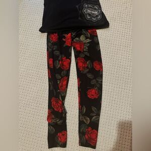 Soft Black Leggings with Red Rose Print